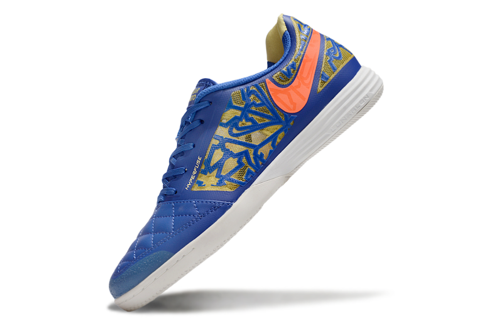 Tenis de Fútbol Nike Lunar Gato II - Azul con Patrón Gráfico y Swoosh Naranja y Suela Blanca (Césped Interior / Futsal)