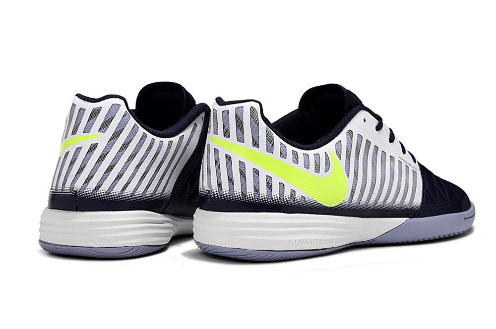 Tenis de Fútbol Nike Lunar Gato II - Blanco y Azul Marino con Swoosh Verde Lima y Suela Gris (Césped Interior / Futsal)