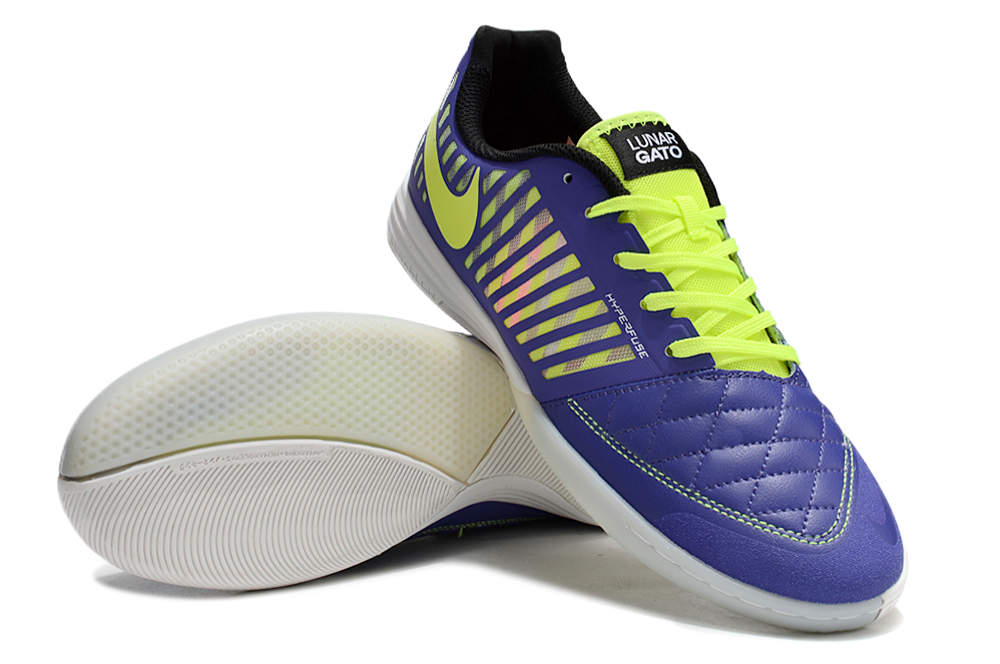 Tenis de Fútbol Nike Lunar Gato II - Morado, Swoosh y Cordones Verde Neón y Suela Translúcida (Césped Interior / Futsal)