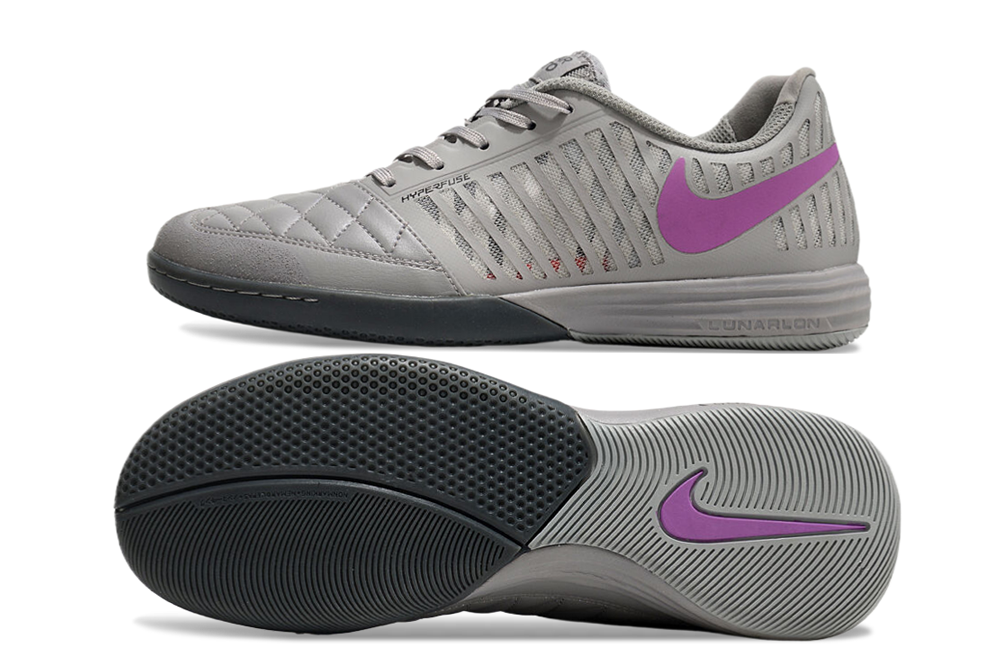 Tenis de Fútbol Nike Lunar Gato II - Gris con Swoosh Morado y Suela Gris y Negra (Césped Interior / Futsal)