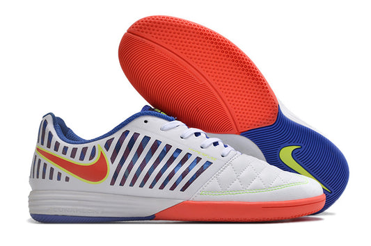 Tenis de Fútbol Nike Lunar Gato II - Blanco, Azul, Swoosh Rojo con Borde Amarillo y Suela Multicolor (Césped Interior / Futsal)