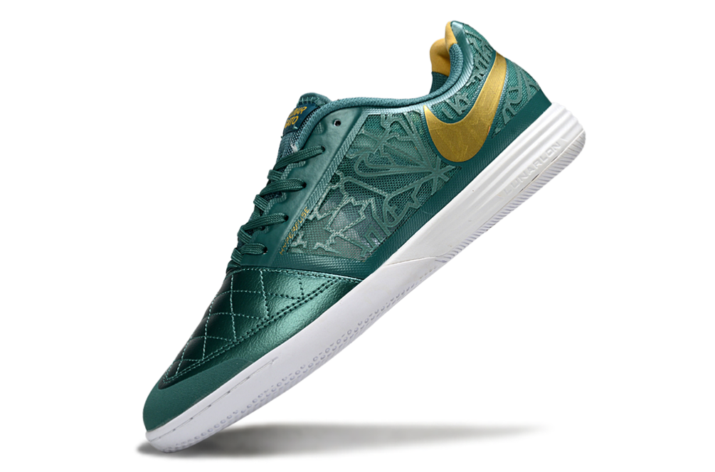 Tenis de Fútbol Nike Lunar Gato II - Verde Oscuro con Patrón Gráfico, Swoosh Dorado y Suela Blanca (Césped Interior / Futsal)
