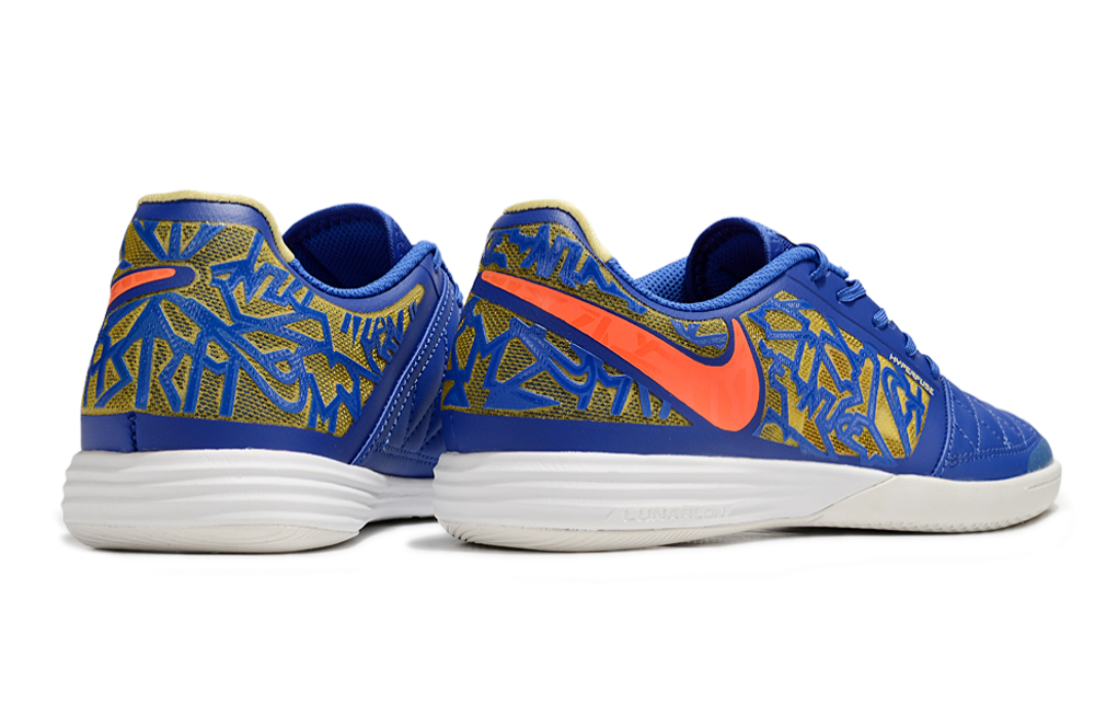 Tenis de Fútbol Nike Lunar Gato II - Azul con Patrón Gráfico y Swoosh Naranja y Suela Blanca (Césped Interior / Futsal)