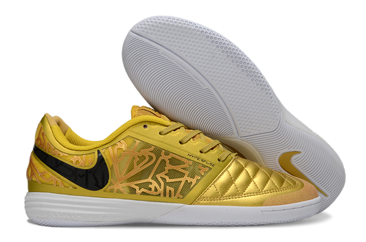Tenis de Fútbol Nike Lunar Gato II - Dorado con Patrón Gráfico, Swoosh Negro y Suela Blanca (Césped Interior / Futsal)