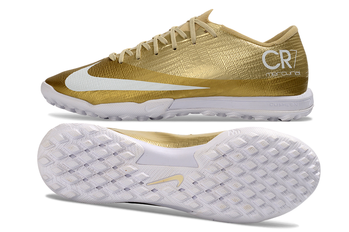 Tenis de Fútbol Nike Mercurial Vapor CR7 Academy TF - Dorado y Blanco (Sintético / Turf)