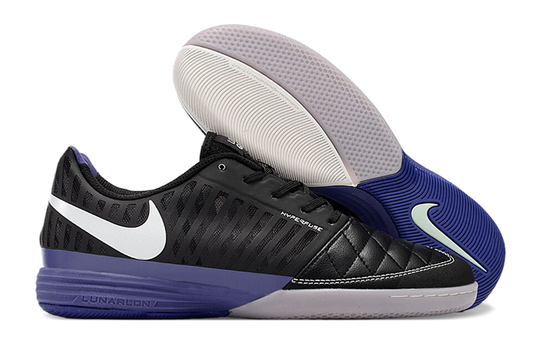 Tenis de Fútbol Nike Lunar Gato II - Negro y Morado con Swoosh Blanco y Suela Morada (Césped Interior / Futsal)