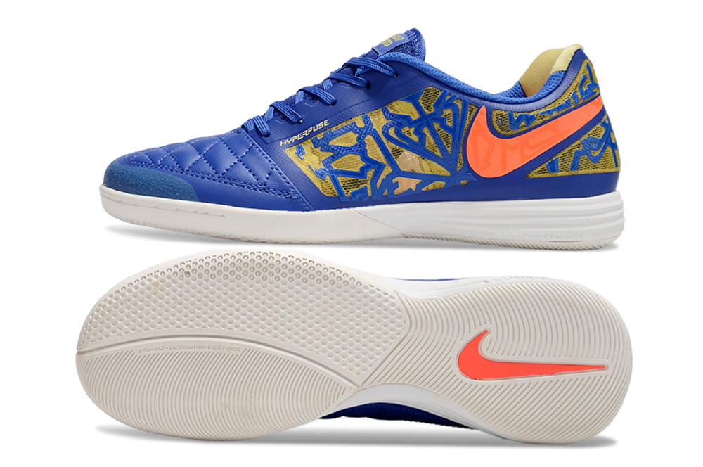 Tenis de Fútbol Nike Lunar Gato II - Azul con Patrón Gráfico y Swoosh Naranja y Suela Blanca (Césped Interior / Futsal)