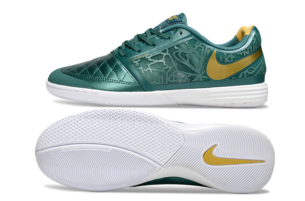 Tenis de Fútbol Nike Lunar Gato II - Verde Oscuro con Patrón Gráfico, Swoosh Dorado y Suela Blanca (Césped Interior / Futsal)