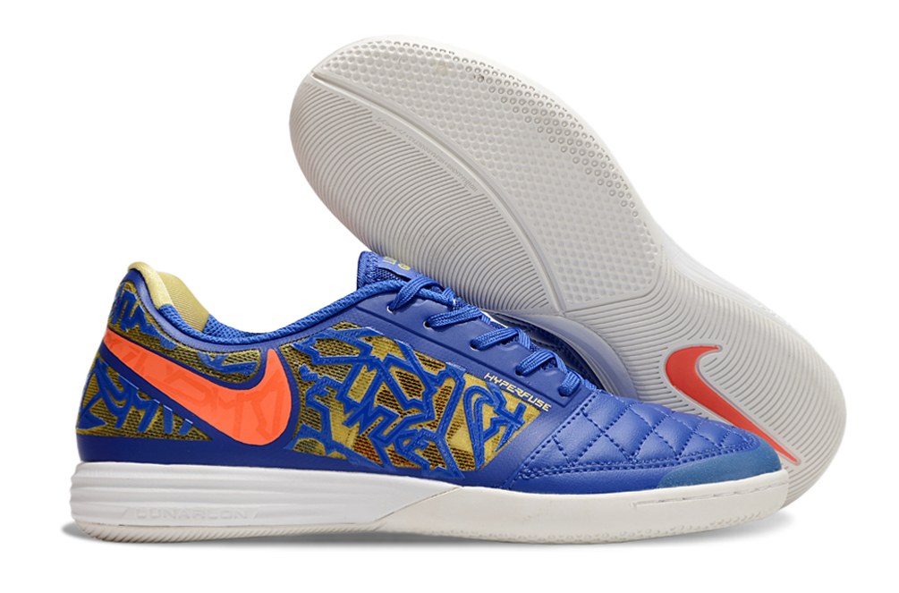 Tenis de Fútbol Nike Lunar Gato II - Azul con Patrón Gráfico y Swoosh Naranja y Suela Blanca (Césped Interior / Futsal)
