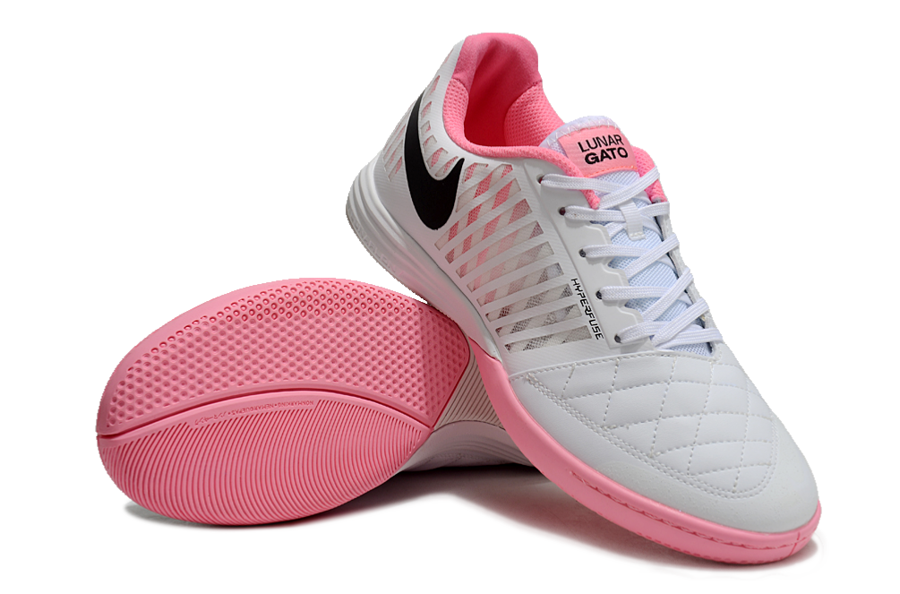 Tenis de Fútbol Nike Lunar Gato II - Blanco y Rosa con Swoosh Negro y Suela Rosa (Césped Interior / Futsal)