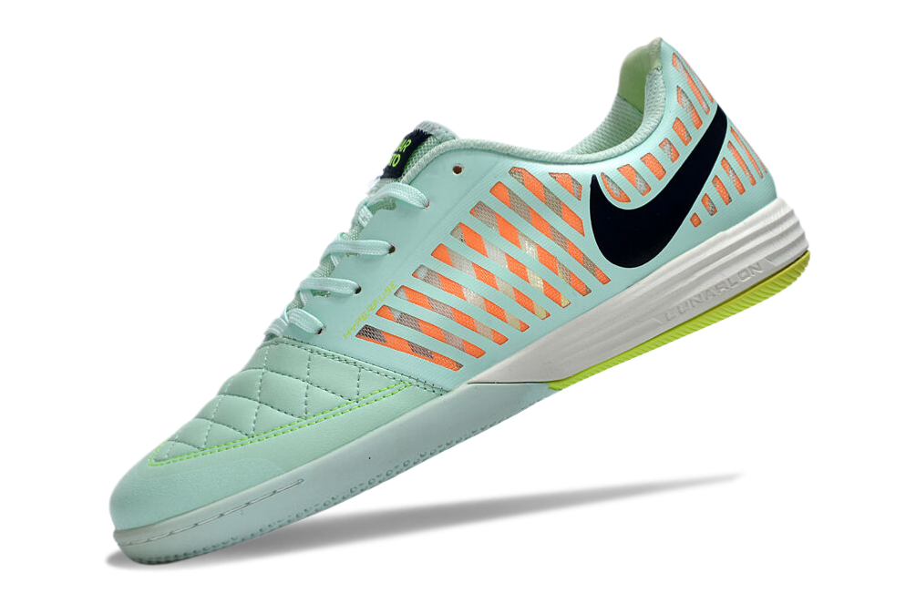 Tenis de Fútbol Nike Lunar Gato II - Turquesa / Menta, Patrón Naranja en el Talón, Swoosh Negro y Suela Multicolor (Verde Lima y Turquesa) (Césped Interior / Futsal)