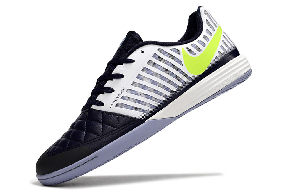 Tenis de Fútbol Nike Lunar Gato II - Blanco y Azul Marino con Swoosh Verde Lima y Suela Gris (Césped Interior / Futsal)