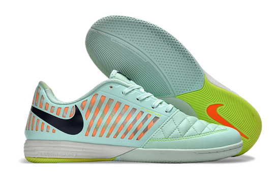 Tenis de Fútbol Nike Lunar Gato II - Turquesa / Menta, Patrón Naranja en el Talón, Swoosh Negro y Suela Multicolor (Verde Lima y Turquesa) (Césped Interior / Futsal)