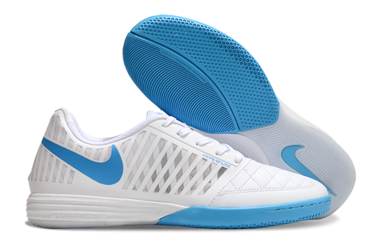 Tenis de Fútbol Nike Lunar Gato II - Blanco y Azul con Swoosh Azul y Suela Azul y Blanca (Césped Interior / Futsal)