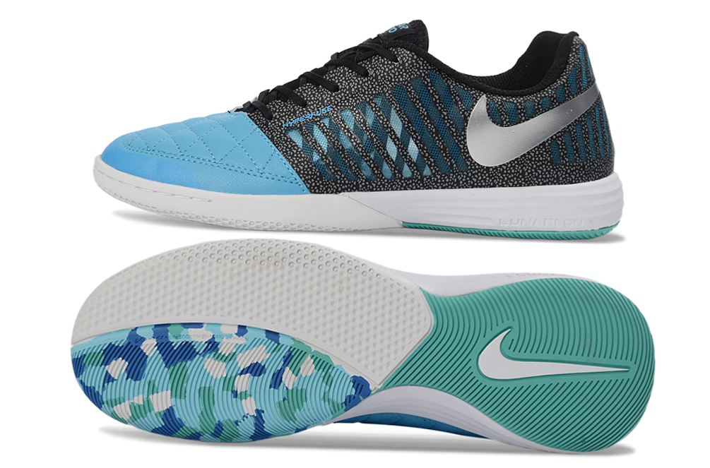 Tenis de Fútbol Nike Lunar Gato II - Negro, Celeste, Swoosh Plateado y Suela con Patrón Estampado Multicolor (Azul, Verde y Blanco) (Césped Interior / Futsal)