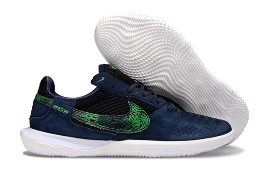 Tenis de Fútbol Nike Street Gato - Azul Marino Oscuro, Swoosh con Patrón Gráfico Tropical/Hojas en Verde y Suela Blanca (Césped Interior / Futsal)