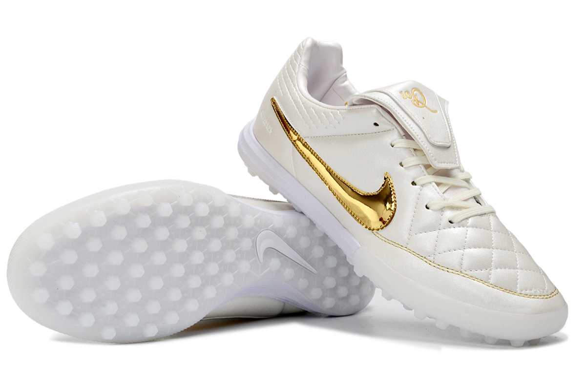 Tenis de Fútbol Nike Premier 3 TF - Blanco y Dorado Metálico (Sintético / Turf)
